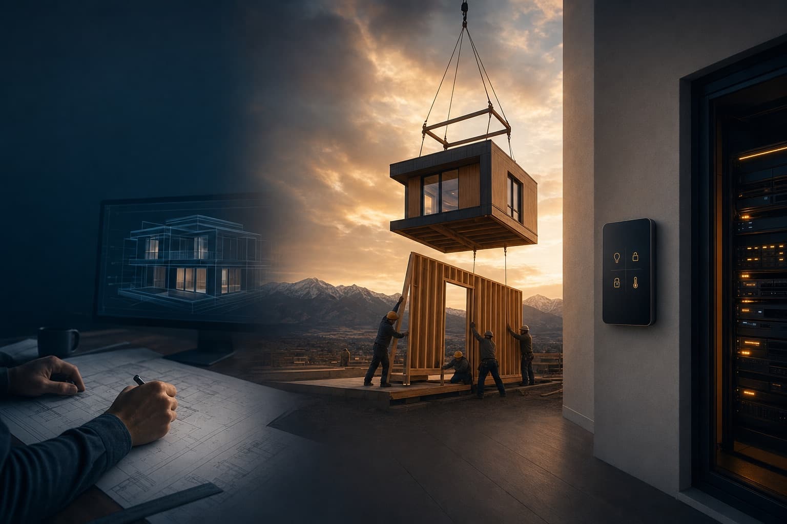 Design, build, automate — montage of drafting, a modular set by crane, and smart-home control
